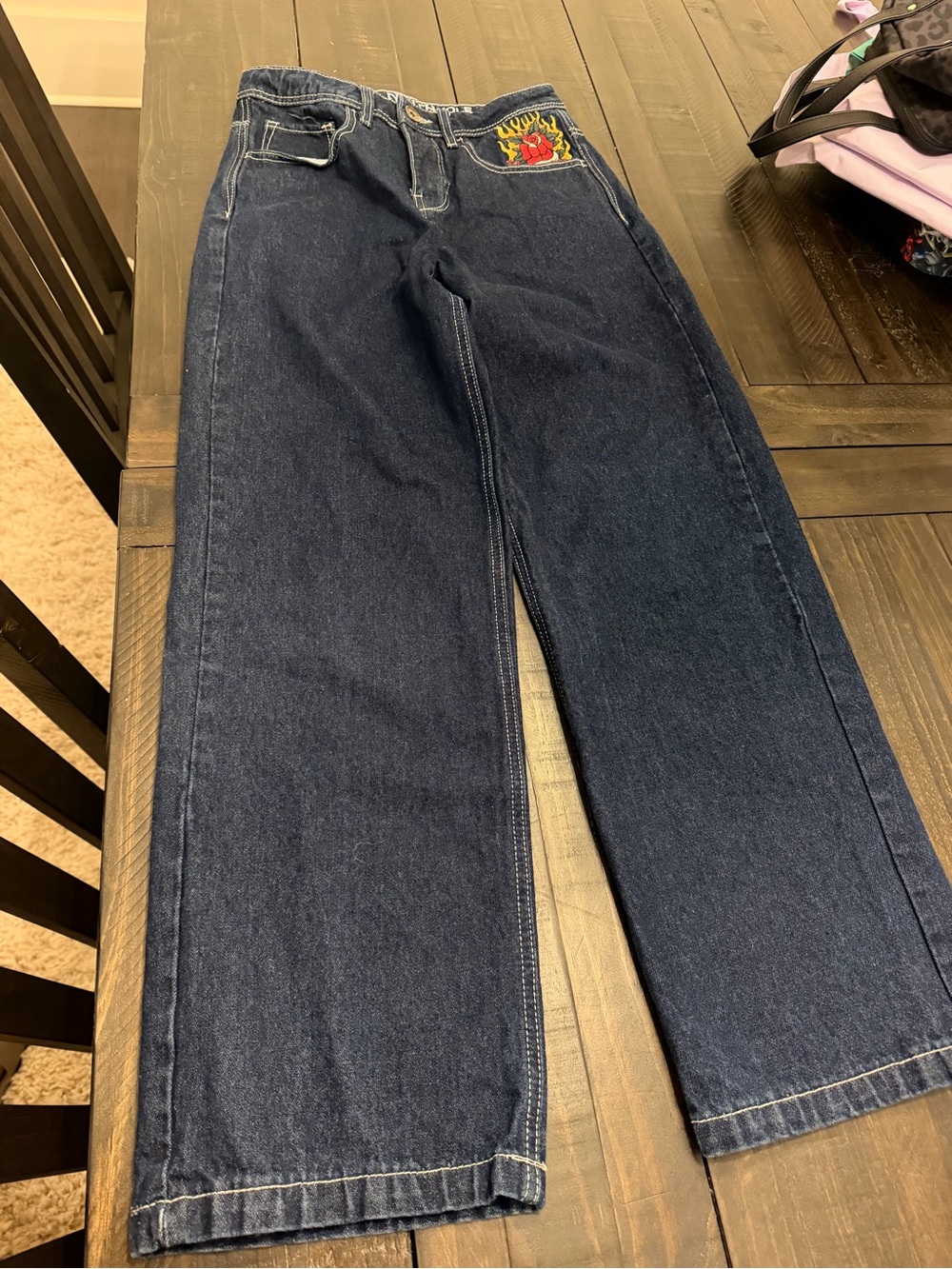 Zumiez Women's Dark Blue Relaxed Jeans with Flame Pocket Patch